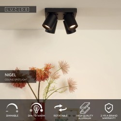 NIGEL - Stropní bodové svítidlo - Stmívatelné LED DTW - GU10 - 4x5W 2200K/3000K - Černá