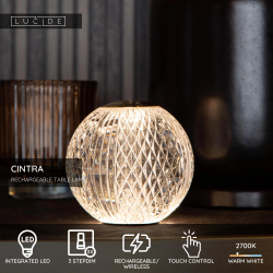 Lucide CINTRA - dobíjecí stolní lampa - D11 cm - LED - 2W 2700K - 3 kroky stmívání - Transparant