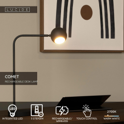 Lucide COMET - Dobíjecí stolní lampa - Baterie - LED stmívatelné - 1x3W 2700K - 3 kroky stmívání - Černá