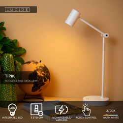Lucide TIPIK - Nabíjecí stolní lampa - Baterie - LED stmívatelné - 1x3W 2700K - 3 kroky stmívání - Bílá