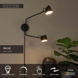 Lucide MILNE - nástěnné svítidlo - LED stmívatelné - 2x8W 2700K - černé