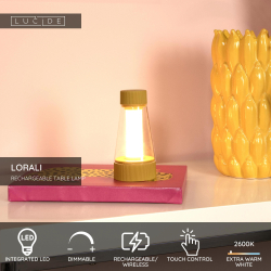 Lucide LORALI - Nabíjecí Stolní lampa Vnitřní/Venkovní - Baterie - Ø 7,7 cm - Rozm. - IP44 - Okrově žlutá