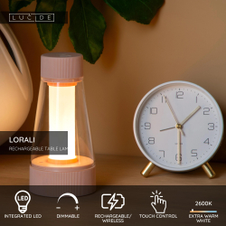 Lucide LORALI - Nabíjecí Stolní lampa Vnitřní/Venkovní - Baterie - Ø 7,7 cm - Rozm. - IP44 - Růžová