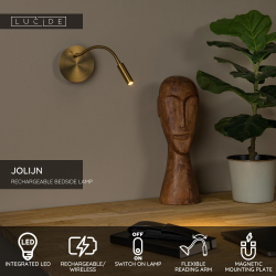 Lucide JOLIJN - Dobíjecí noční lampa / Nástěnné svítidlo - USB dobíjení - Ø 11 cm - LED - 1x2W 3000K - zlatá