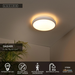 Lucide DASHER – stropní svítidlo do Koupelny – Ø 29,3 cm – LED – 1x12W 2700K – IP44 – se senzorem – Bílý