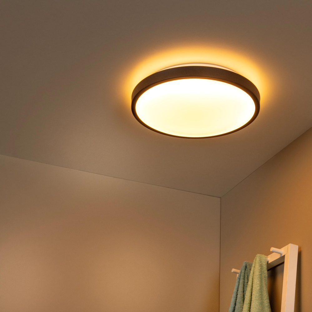LED stropní svítidlo DASHER do koupelny - Ø 41 cm - 1x24W 2700K - IP44 - Senzor pohybu & Den/Noc - Černá