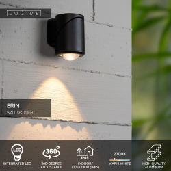 Lucide ERIN - Nástěnné bodové svítidlo - Vnitřní / Venkovní - LED - 1x5W 2700K - IP65 - Černá