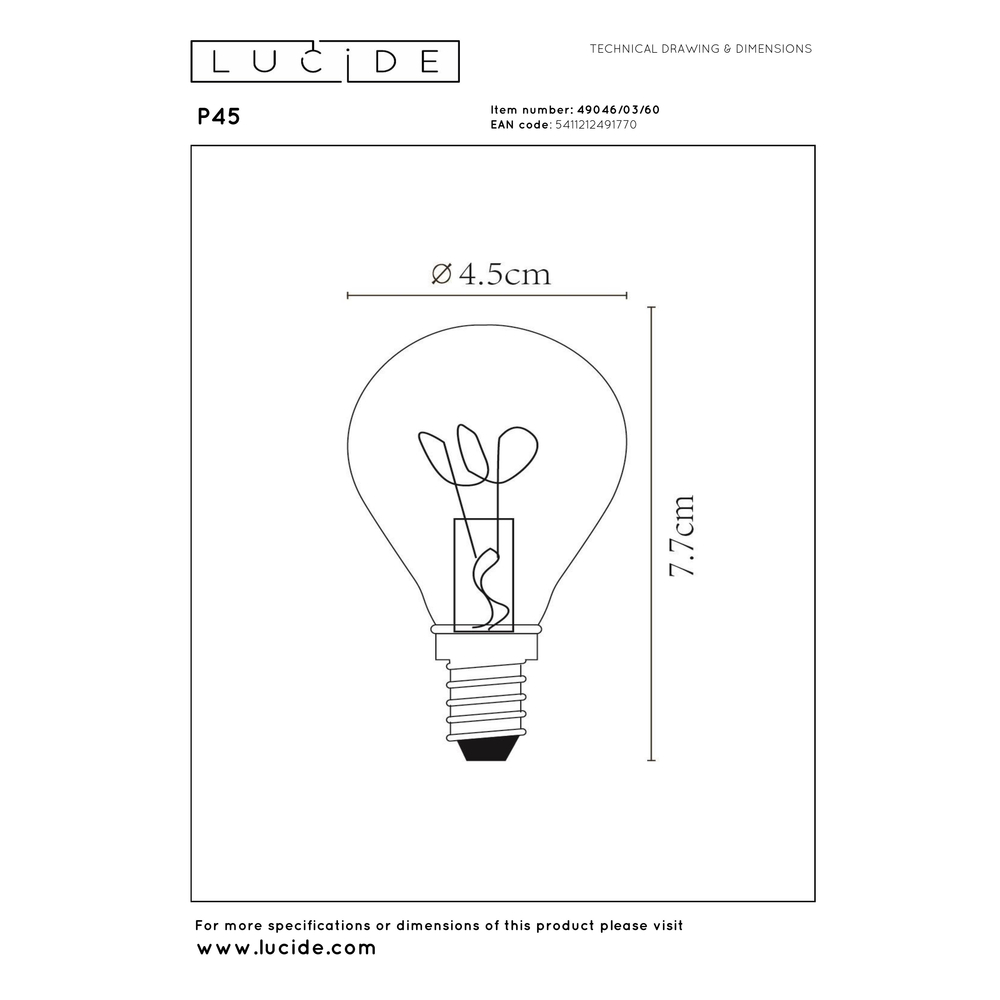 Lucide P45 filamentová LED žárovka Ø 4,5 cm E14 1x3W 2700K průhledná